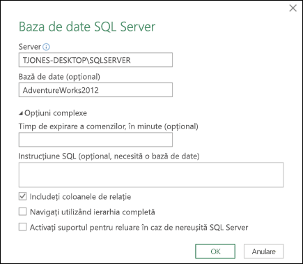 Power Query SQL Server Dialogul de conexiune la baza de date