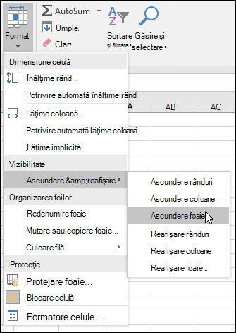 Ascundeți sau reafișați foi de lucru din Pornire. > Celule > Formatare > VIsibility > Ascundere & Reafișare