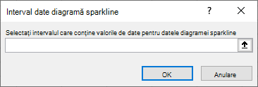 Captură de ecran care arată pentru a selecta intervalul care conține valorile de date pentru datele diagramei sparkline în caseta de dialog interval de date sparkline.