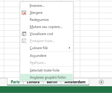 În meniul contextual, s-a selectat Anularea grupării foilor.