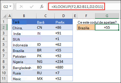 Exemplu de funcție XLOOKUP utilizată pentru a returna un nume de angajat și un departament pe baza ID-ului angajatului. Formula este =XLOOKUP(B2,B5:B14,C5:C14)