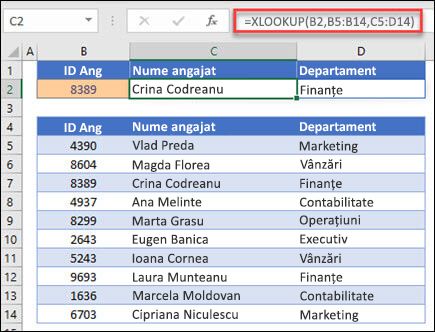 Exemplu de funcție XLOOKUP utilizată pentru a returna un nume de angajat și un departament pe baza IDT-ului angajatului. Formula este: =XLOOKUP(B2,B5:B14,C5:D14,0,1)