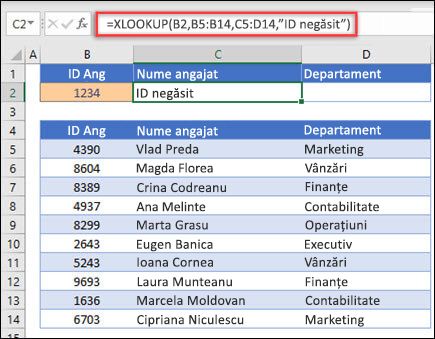 Exemplu de funcție XLOOKUP utilizată pentru a returna un nume de angajat și un departament pe baza ID-ului de angajat cu argumentul if_not_found. Formula este =XLOOKUP(B2,B5:B14,C5:D14,0,1,Angajat negăsit)