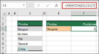 Exemplu de utilizare a funcției XMATCH pentru a găsi poziția unui element într-o listă