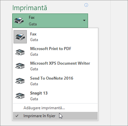 Opțiunea Imprimare în fișier