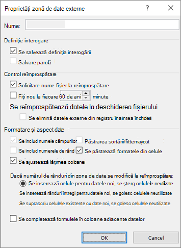 Exemplu de casetă de dialog Proprietăți zonă de date externe