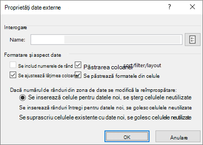 Exemplu de casetă de dialog Proprietăți zonă externă