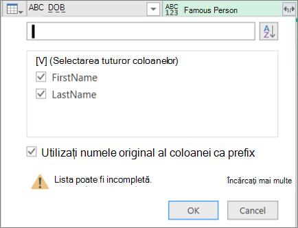 Faceți clic pe Extindere pentru o coloană de înregistrare structurată