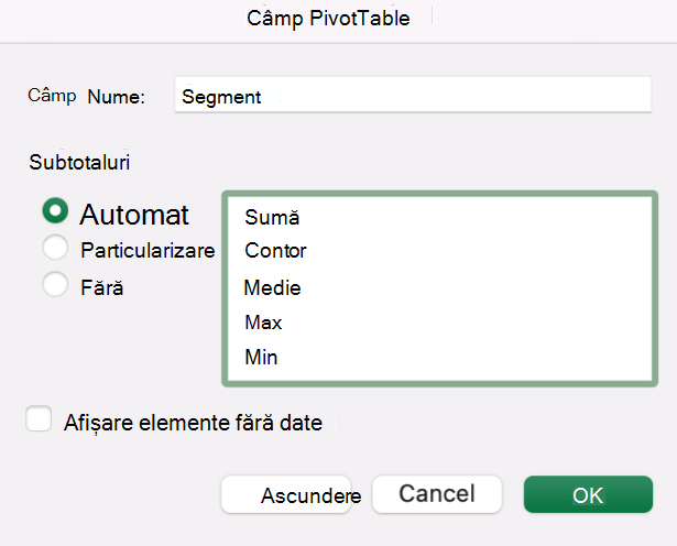 Adăugarea unui câmp PivotTable