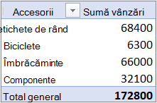 Un raport PivotTable în forma compactă implicită, cu câmpul Valoare în zona Rânduri