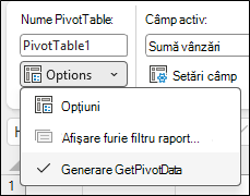 Captură de ecran a meniului de opțiuni PivotTable din Excel. Secțiunea de sus afișează numele PivotTable: PivotTable1. Mai jos, este extins un meniu vertical etichetat cu Opțiuni, afișând trei elemente: Opțiuni, o afișare estompată a paginilor filtru de raport... și o opțiune bifată Generați GetPivotData.