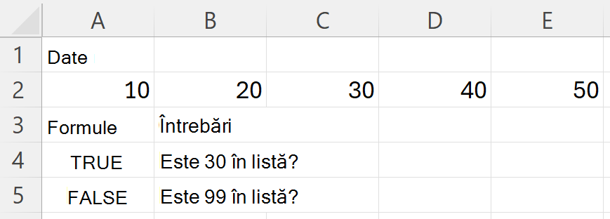 HAS returnează TRUE pentru 30 și FALSE pentru 99 atunci când se caută într-o zonă care conține 10, 20, 30, 40 și 50