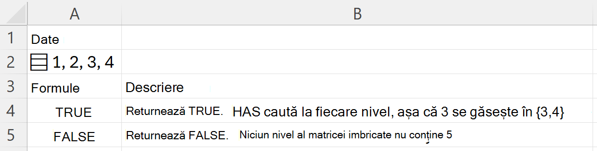 HAS găsește 3 într-o matrice imbricată și returnează TRUE; căutarea lui 5 returnează FALSE