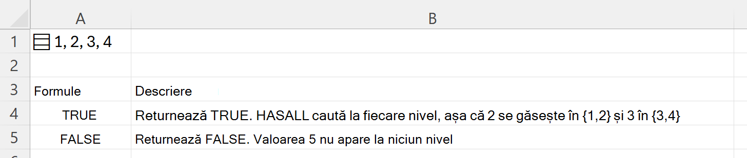 Utilizarea funcției HASALL pentru a căuta într-o matrice imbricată stocată într-o singură celulă