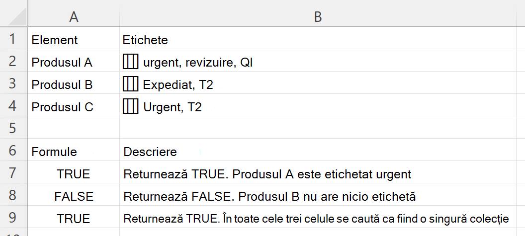 Utilizarea funcției HASANY pentru a verifica dacă o celulă care conține o matrice imbricată de etichete include oricare dintre etichetele alese