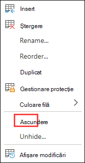 Ascundere fila în Excel pentru web.