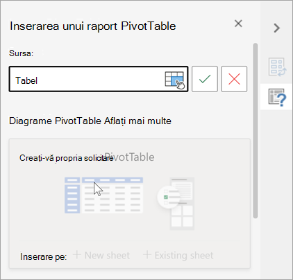 Inserați un panou PivotTable care vă solicită un tabel sau o zonă de utilizat ca Sursă și vă permite să modificați destinația.