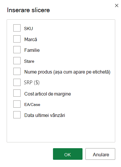 Captură de ecran a opțiunilor Inserare slicer.