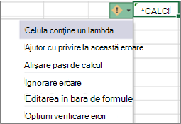Mesajul de eroare și lista verticală pentru eroarea Lambda