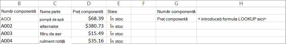 Un exemplu de utilizare a funcției LOOKUP