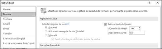 Captură de ecran cu setările de calcul iterativ