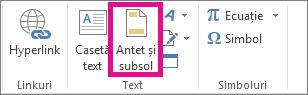 Opțiunea Antet & subsol pe fila Inserare