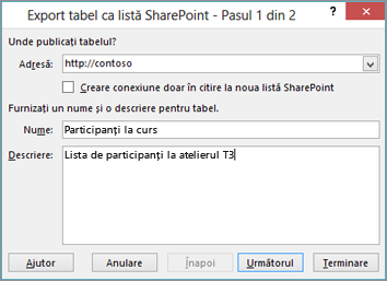 caseta de dialog a expertului de export la sharepoint