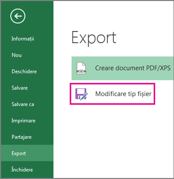 Modificare tip fișier pe fila Export