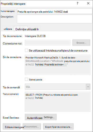 Proprietăți conexiune