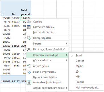 Un câmp cu valoare numerică dintr-un raport PivotTable utilizează în mod implicit Sum