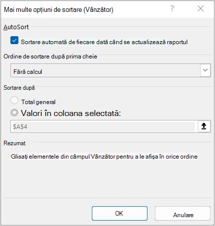 Caseta de dialog Mai multe opțiuni de sortare