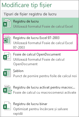 Formatul Registru de lucru Excel 97-2003