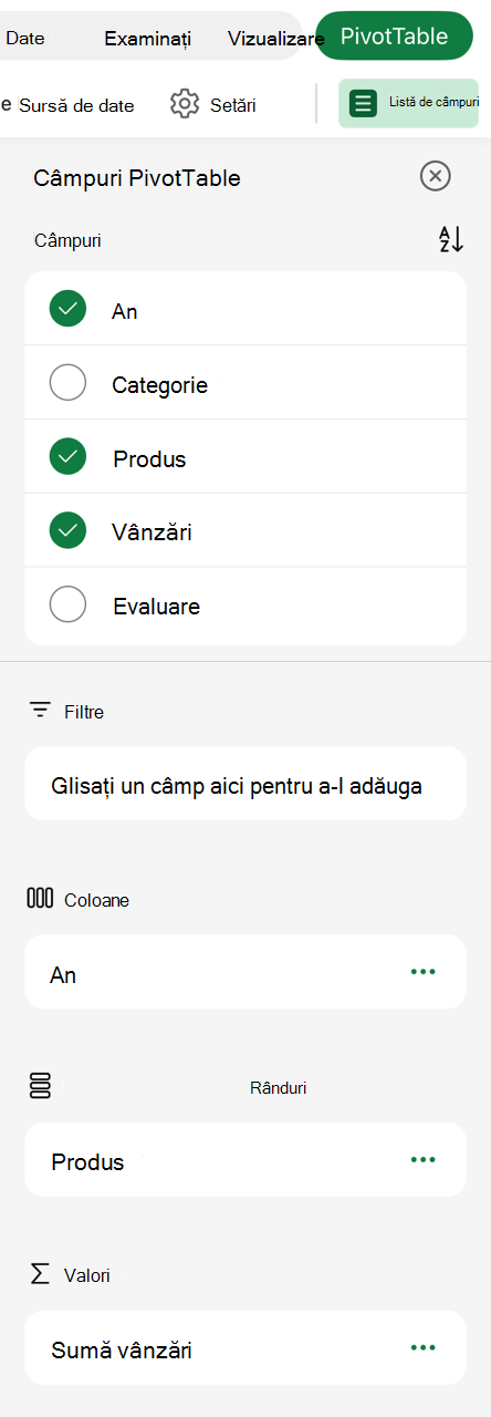 Lista de câmpuri PivotTable de pe iPad.
