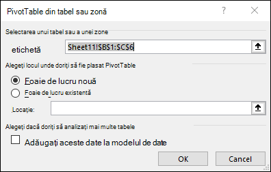 PivotTable din zonă sau tabel