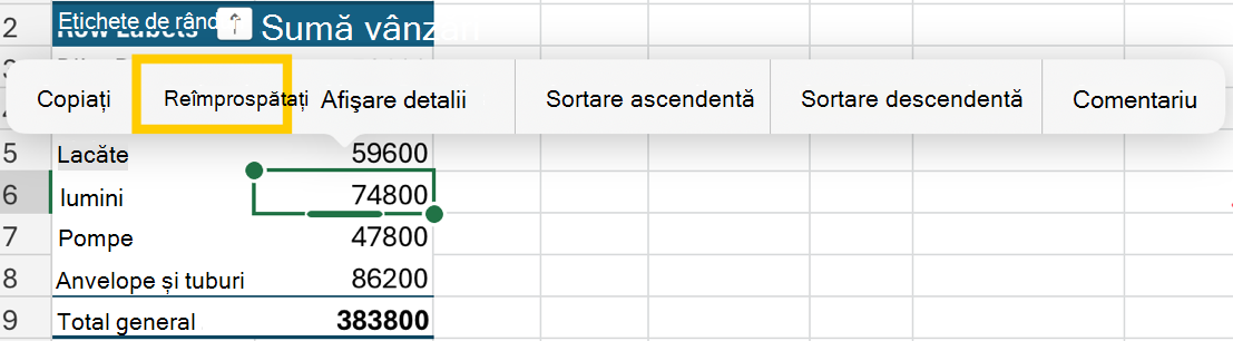 Reîmprospătați PivotTable din meniul contextual de pe iPad.
