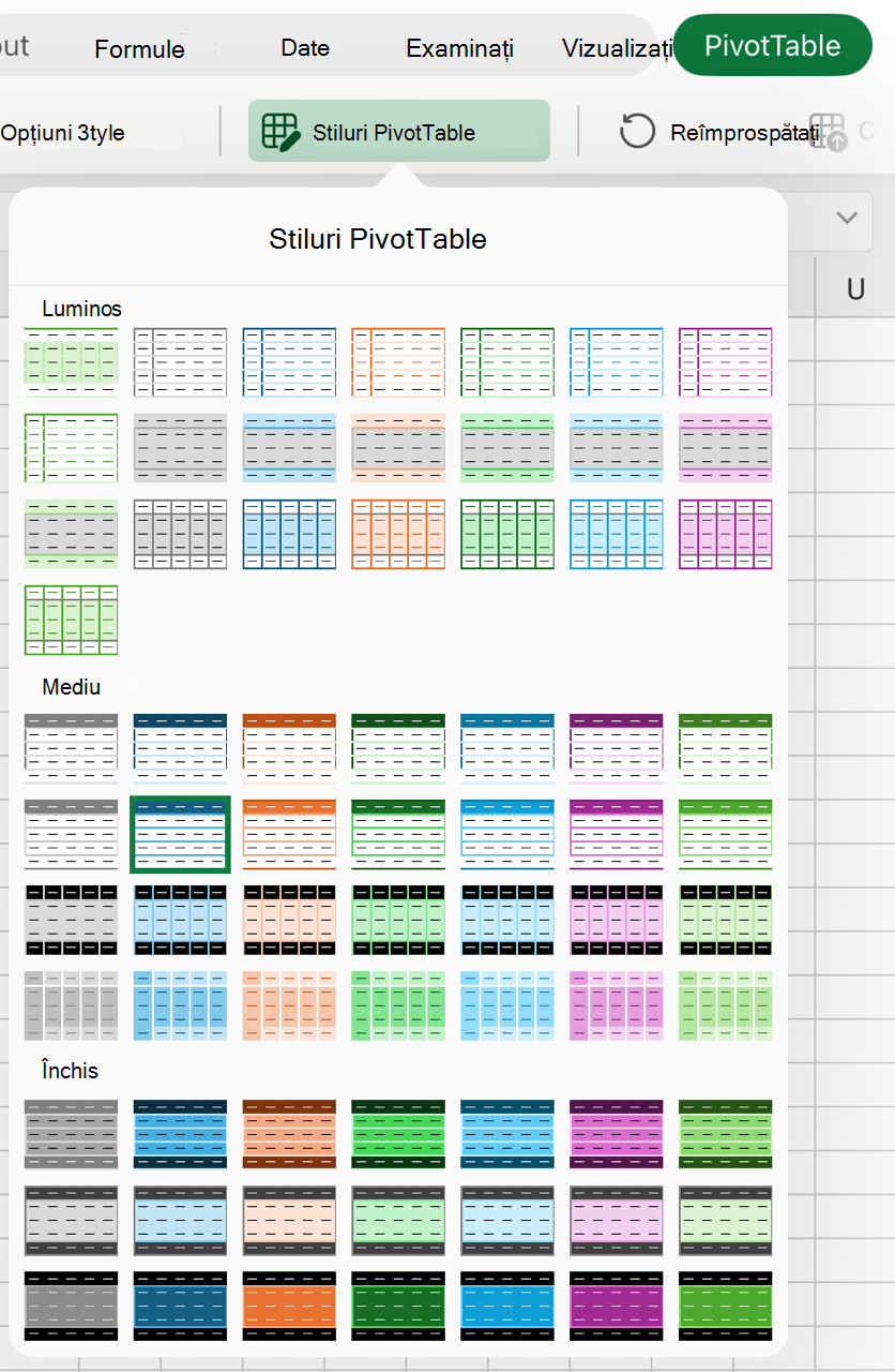 Galeria de stiluri PivotTable de pe iPad