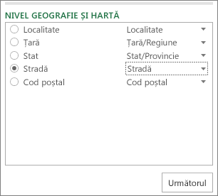 Geografie și nivel de hartă în Panoul de activități