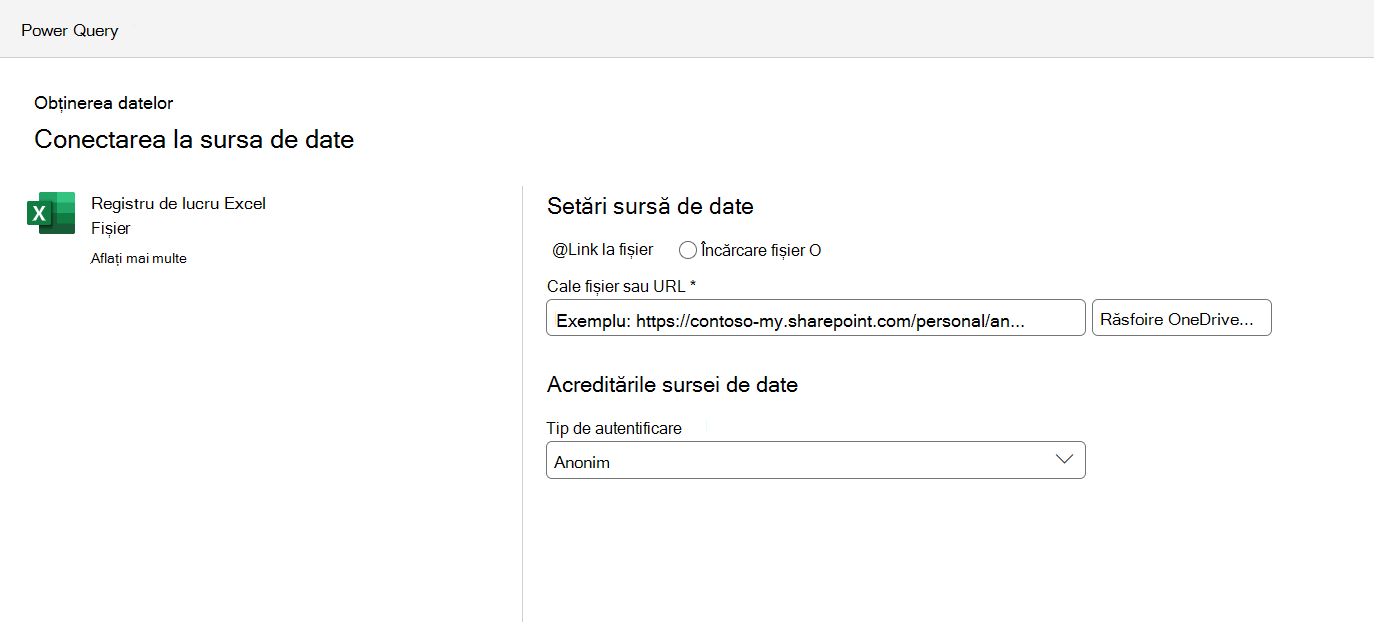 Meniul de setări de conexiune la sursa de date,
