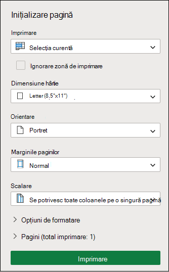 Imprimarea selecției curente în Excel pentru web