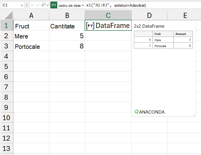O fișă DataFrame deschisă.