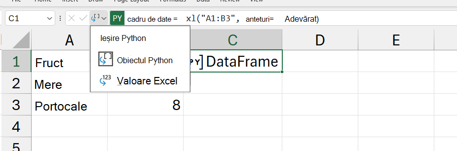 Deschideți meniul de ieșire Python în Excel.