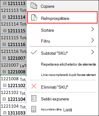 Reîmprospătarea PivotTable