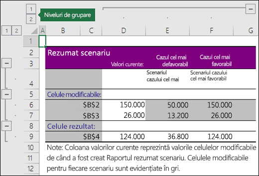 Rezumatul scenariului cu referințe la celule