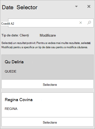 Captură de ecran a panoului Selector de date.