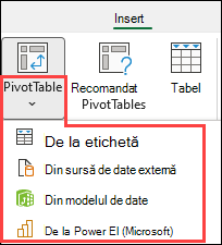 Selectare sursă PivotTable