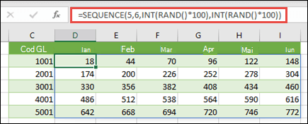 Exemplu de funcție SEQUENCE imbricată cu INT și RAND pentru a crea un set de date eșantion