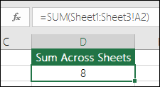 Sumă terță - Formula din celula D2 este=SUM(Sheet1:Sheet3!A2)