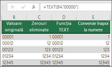 Exemple de utilizare a funcției TEXT pentru a formata zerourile inițiale. =TEXT(A2,00000)