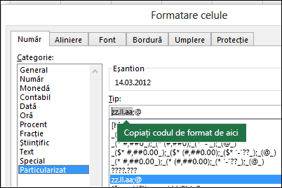 Exemplu de utilizare a casetei de dialog Formatare >> număr celule Particularizat > pentru ca Excel să creeze șiruri de formatare pentru dvs.