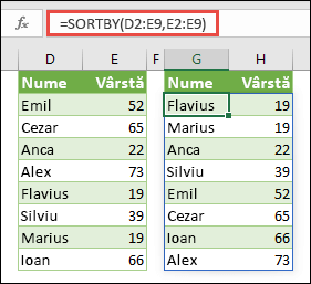 Utilizați SORTBY pentru a sorta o zonă. În acest caz, am utilizat =SORTBY(D2:E9,E2:E9) pentru a sorta o listă cu nume de persoane după vârsta lor, în ordine crescătoare.